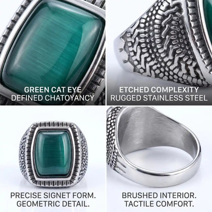 Rectangular Cat Eye Signet Ring Design Features 316L Stainless Steel Retro Mens Accessories