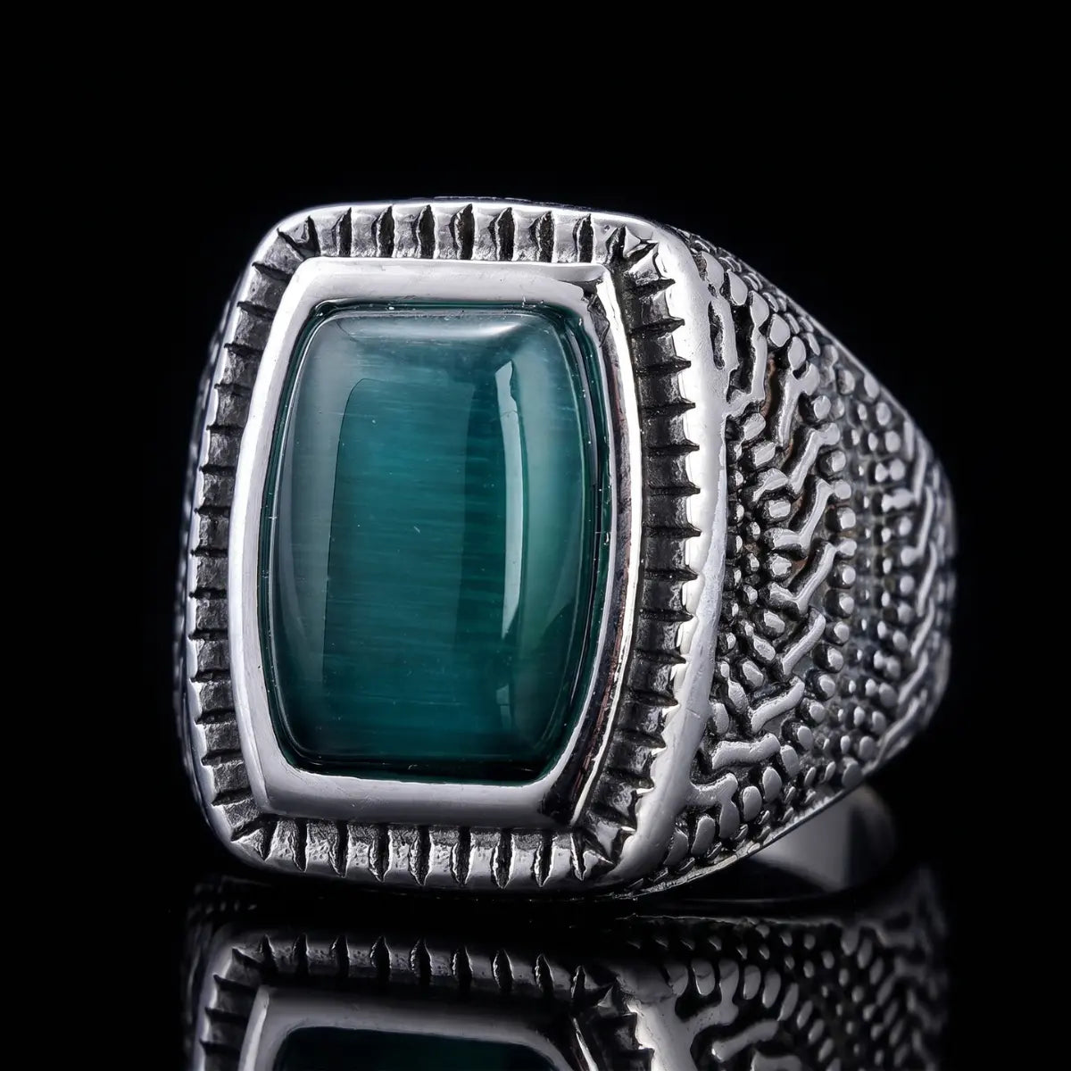 Rectangular Cat Eye Signet Ring Front View Premium Stainless Steel Mens Statement Jewelry