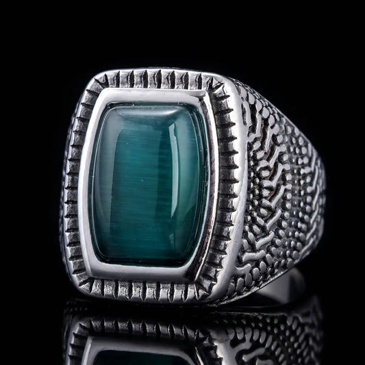 Rectangular Cat Eye Signet Ring Front View Premium Stainless Steel Mens Statement Jewelry