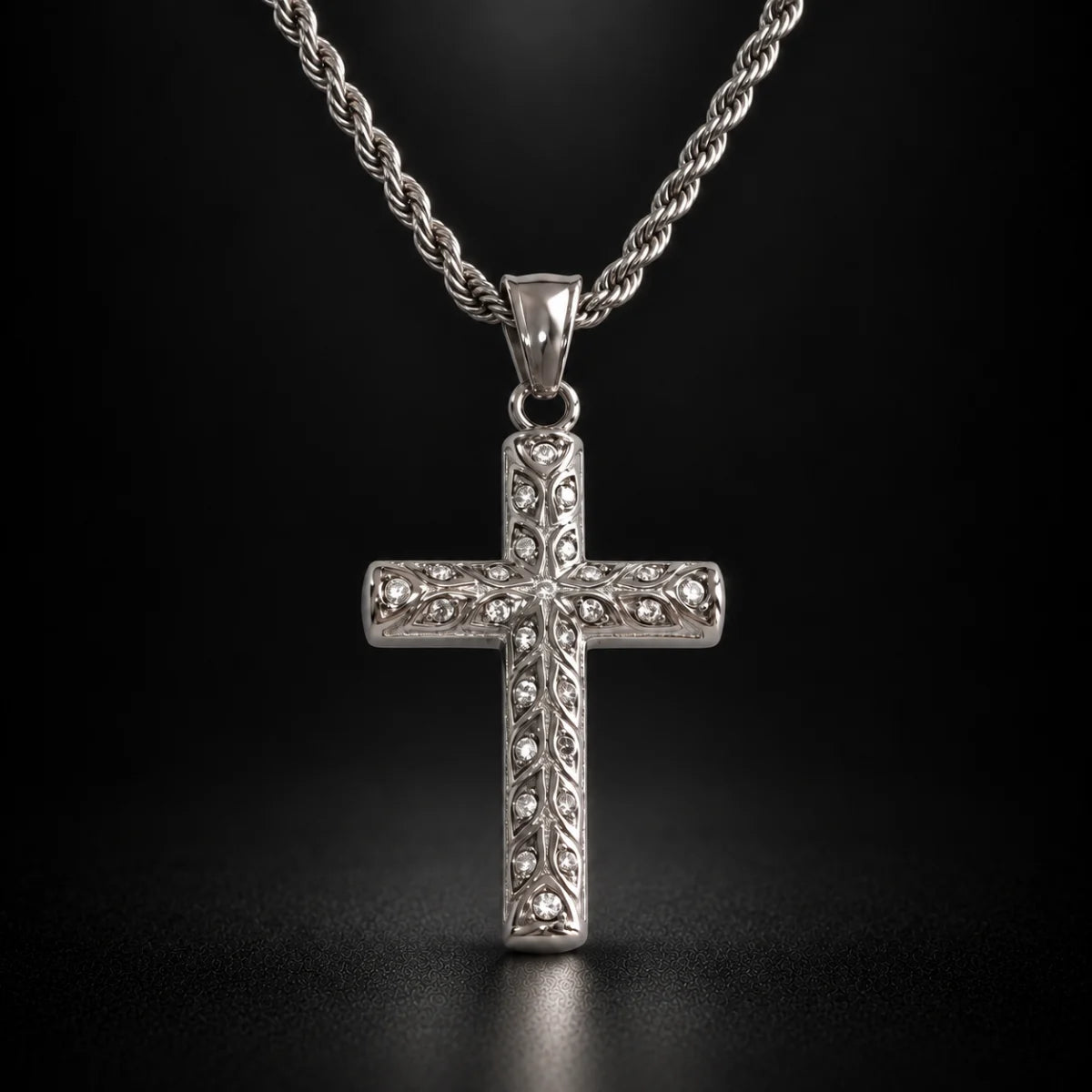 rhinestone latin cross necklace black background hero