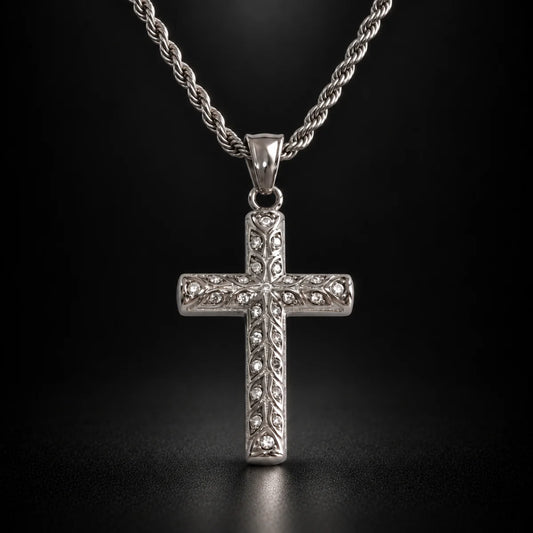 rhinestone latin cross necklace black background hero