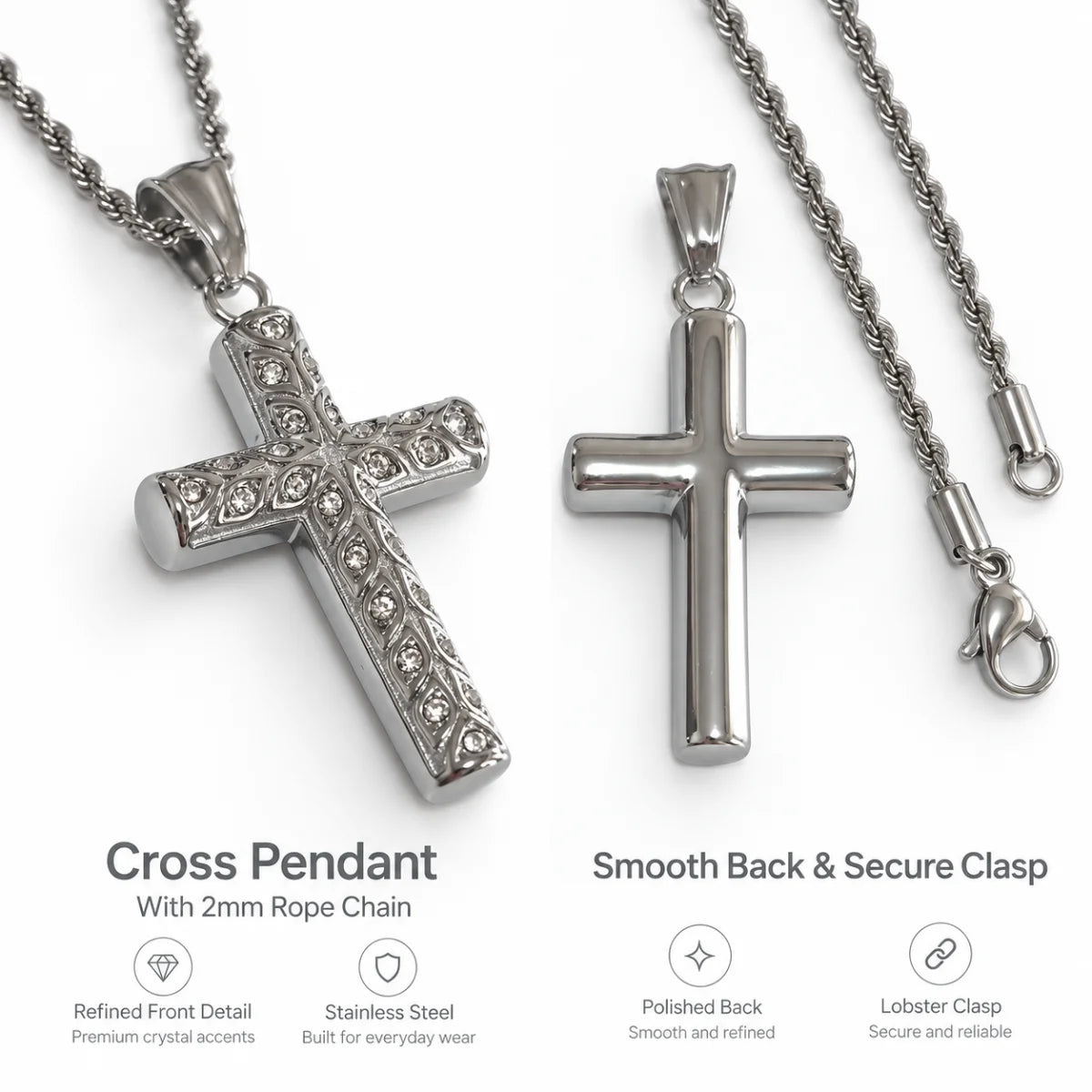 rhinestone latin cross necklace front back rope chain details