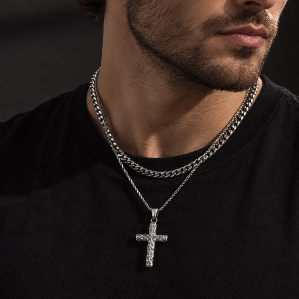 rhinestone latin cross necklace layered set lifestyle black shirt
