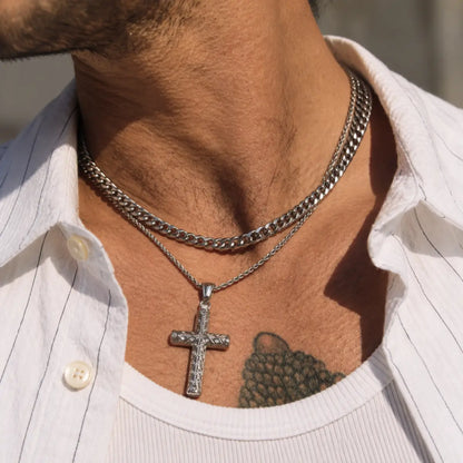 rhinestone latin cross necklace layered set lifestyle white shirt