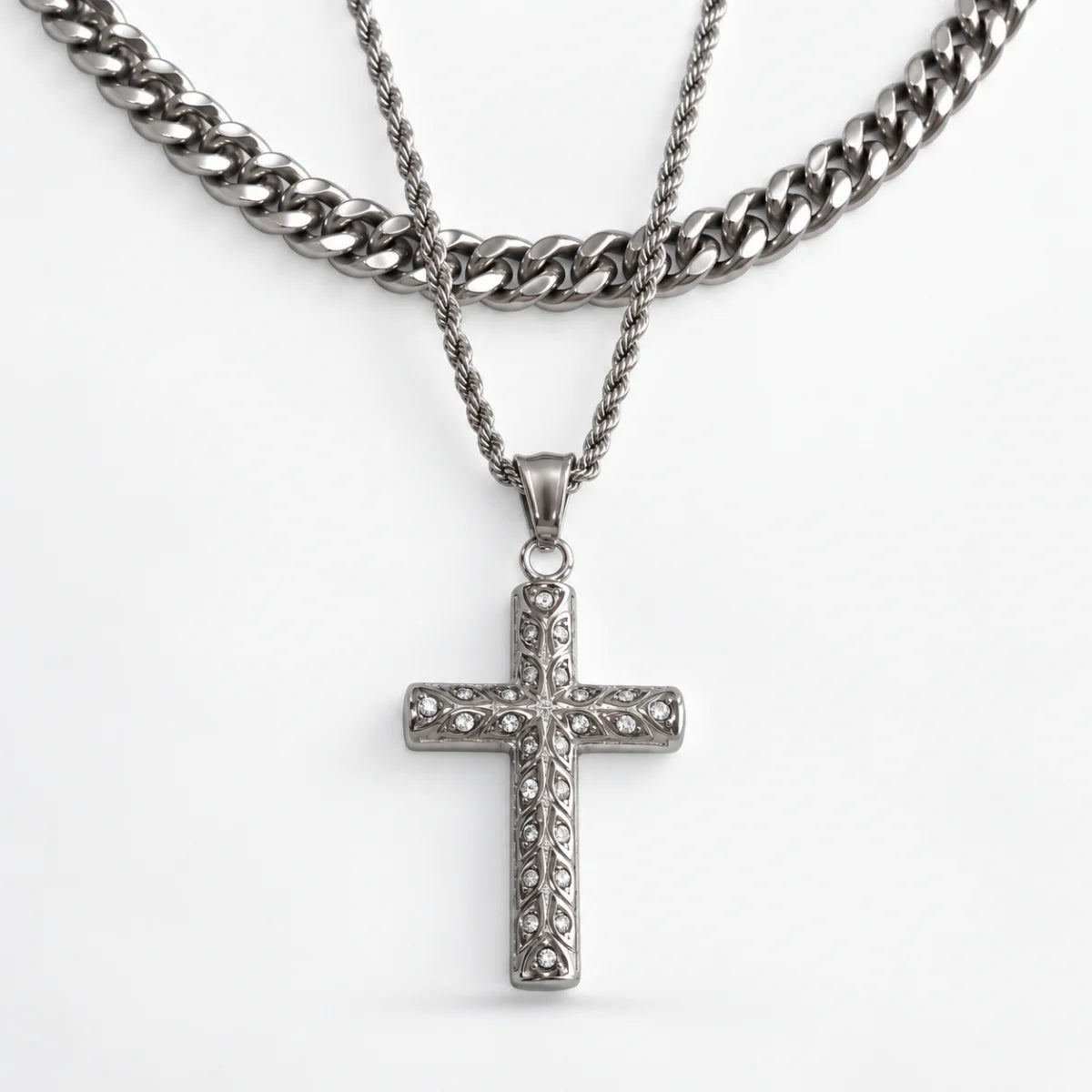 rhinestone latin cross necklace layered set white background