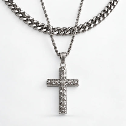 rhinestone latin cross necklace layered set white background