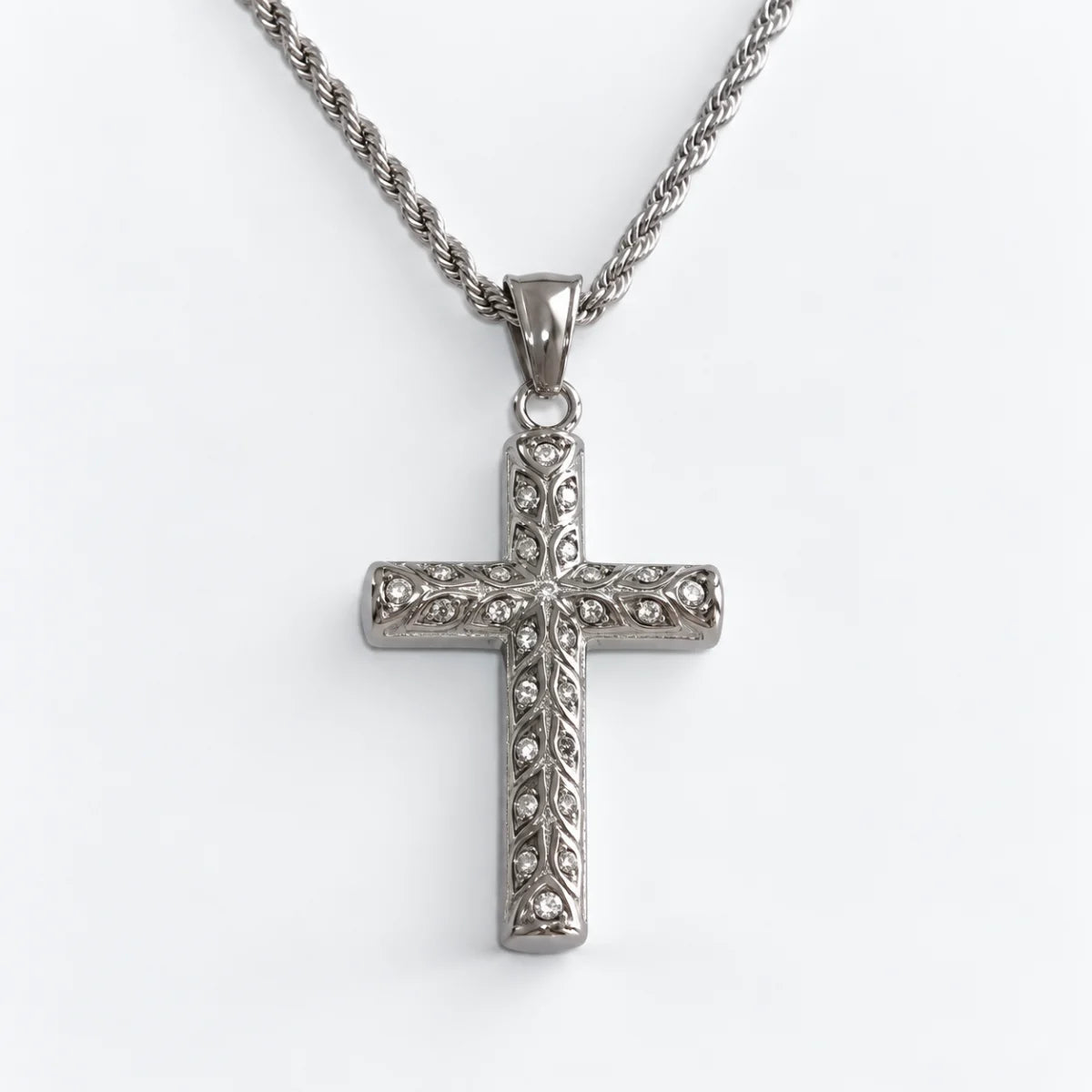 rhinestone latin cross necklace with rope chain white background