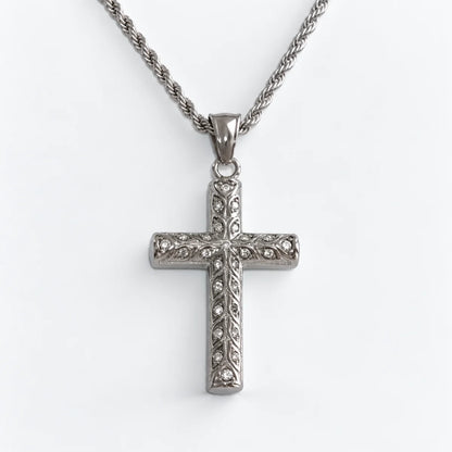 rhinestone latin cross necklace with rope chain white background