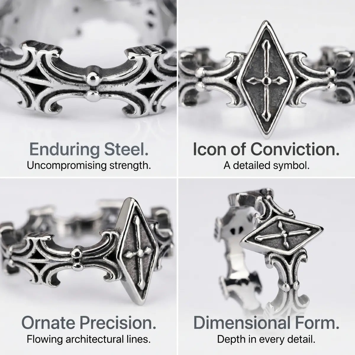 Rhombus Frame Cross Ring Design Features 316L Stainless Steel Ornate Gothic Ring