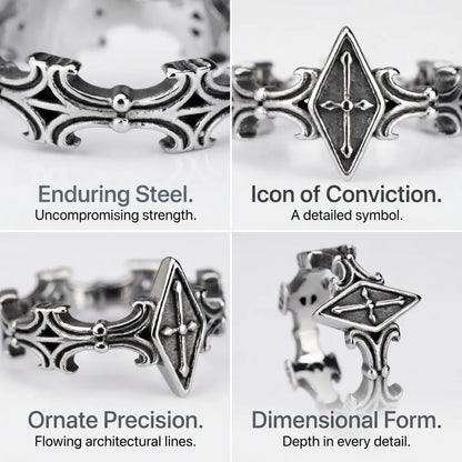 Rhombus Frame Cross Ring Design Features 316L Stainless Steel Ornate Gothic Ring