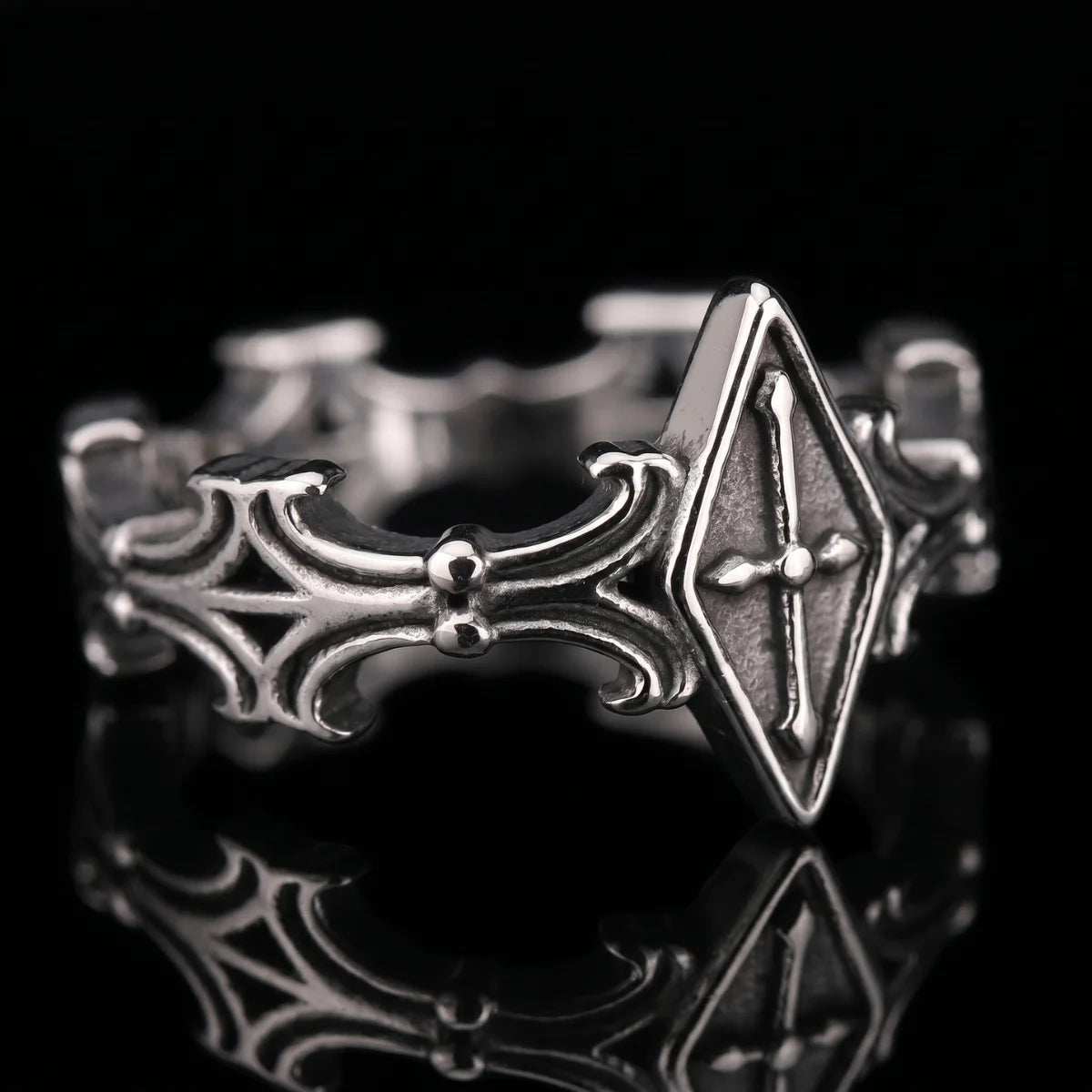 Rhombus Frame Cross Ring Front View Premium Stainless Steel Dark Aesthetic Womens Jewelry