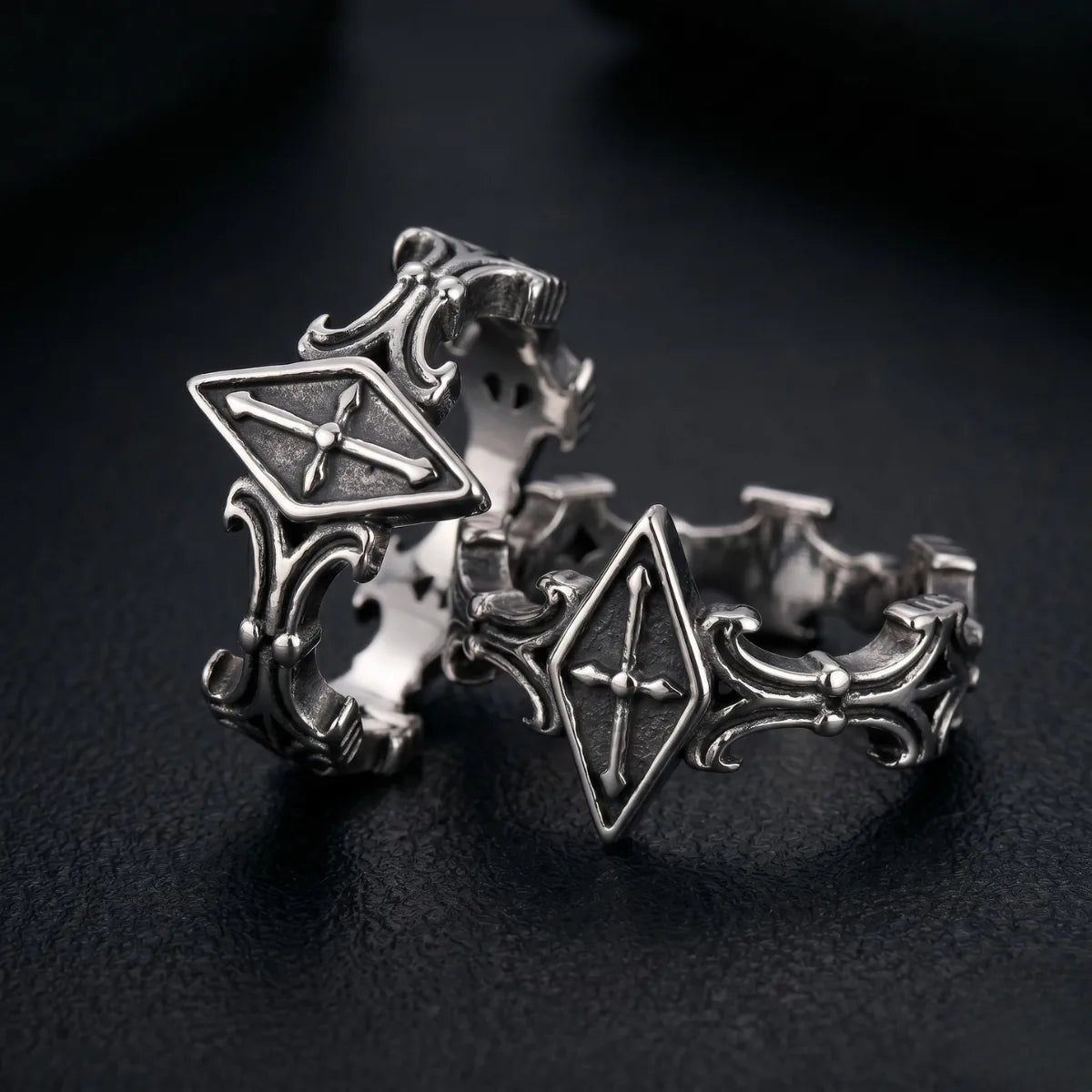 Rhombus Frame Cross Rings Duo Premium Stainless Steel Macabre Romance Jewelry