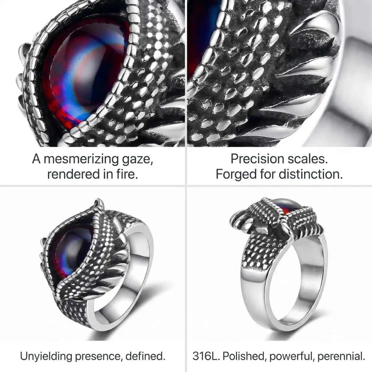 Scaled Eye Ring Design Features 316L Stainless Steel Reptile Fantasy Jewelry