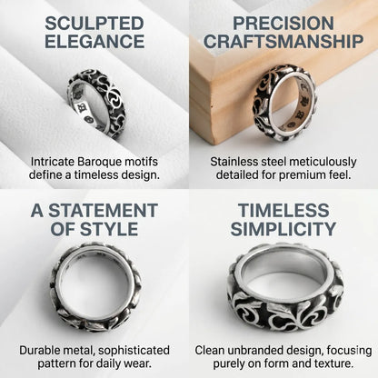 Scroll Ring Design Features Stainless Steel Baroque Pattern Vintage Jewelry