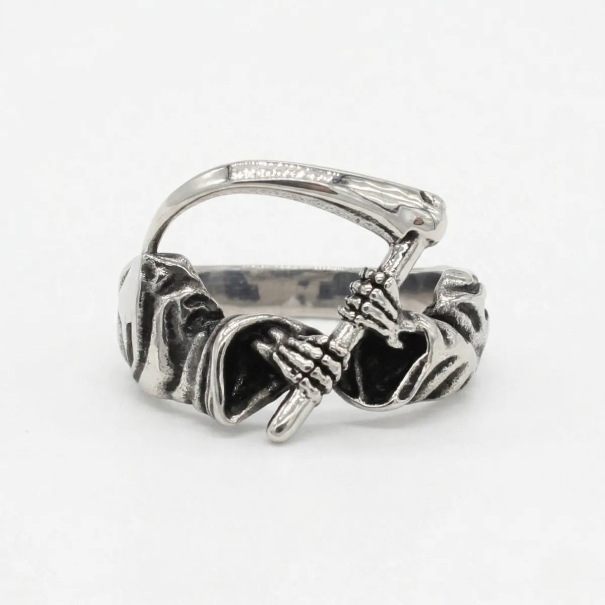 Scythe Ring Style B Isolated White Background Skeleton Hand Ring