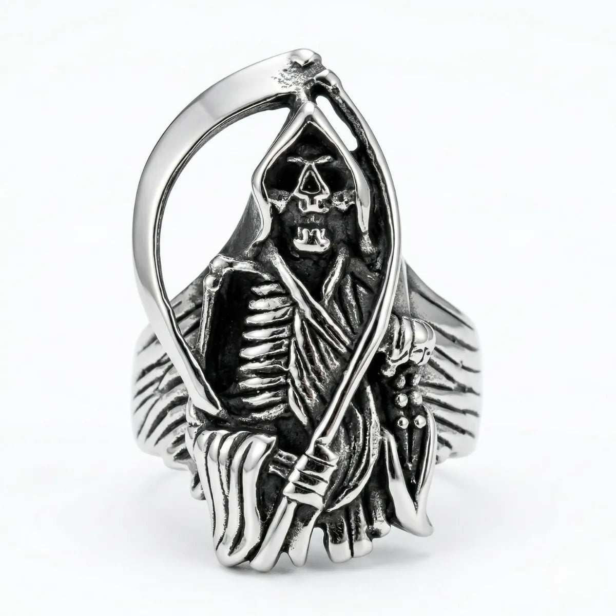 Scythe Ring Style D Isolated White Background Hooded Death Ring