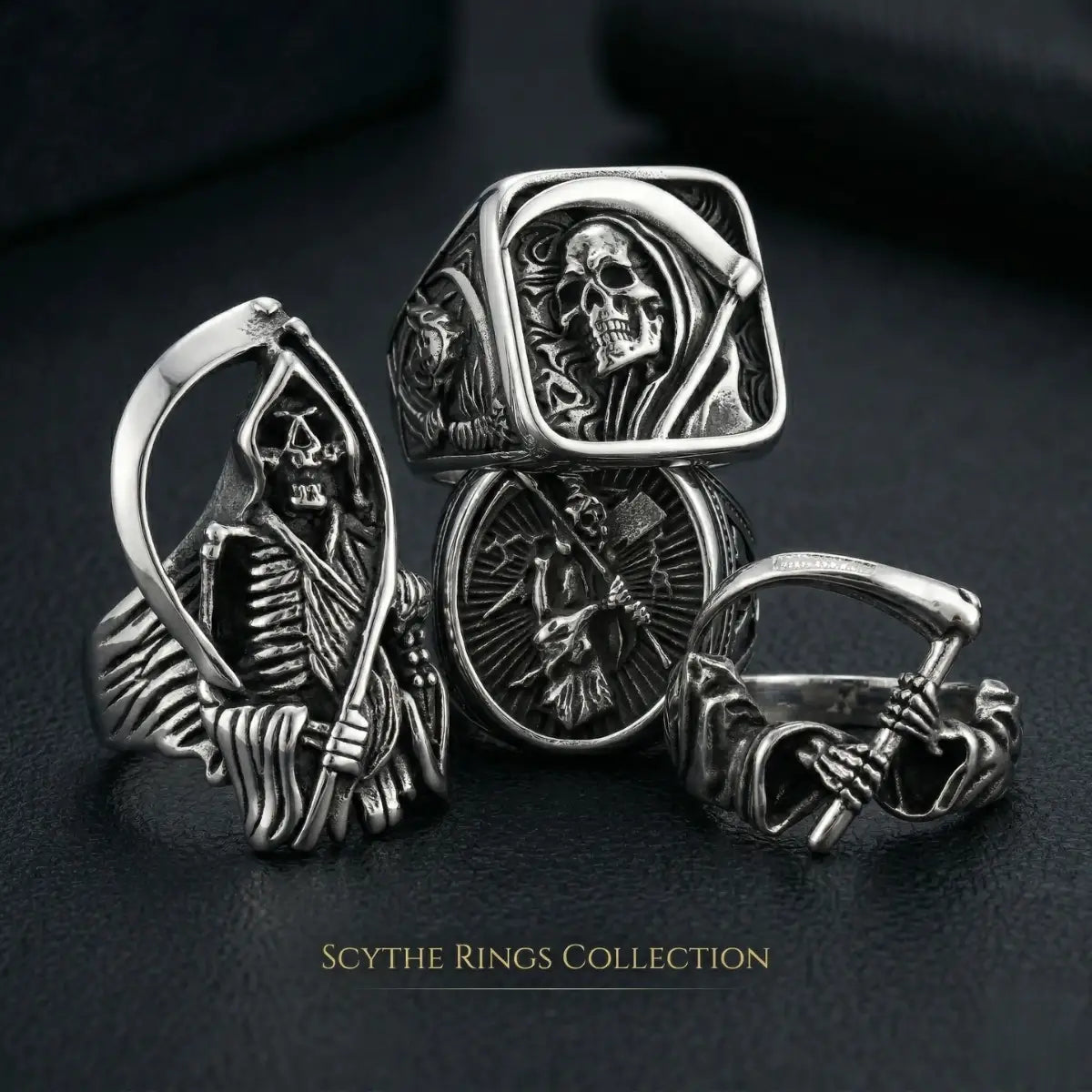 Scythe Rings Collection Group Shot Grim Reaper Gothic Rings