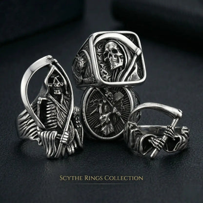 Scythe Rings Collection Group Shot Grim Reaper Gothic Rings