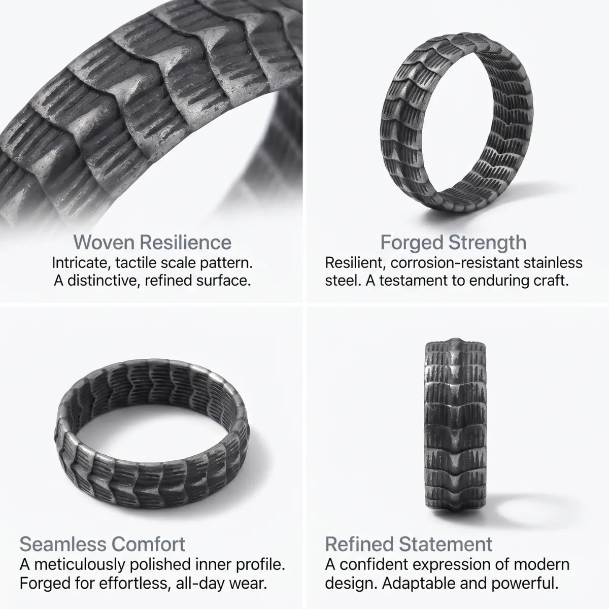 Serpent Spine Ring Design Features 316L Stainless Steel Textured Band Ring