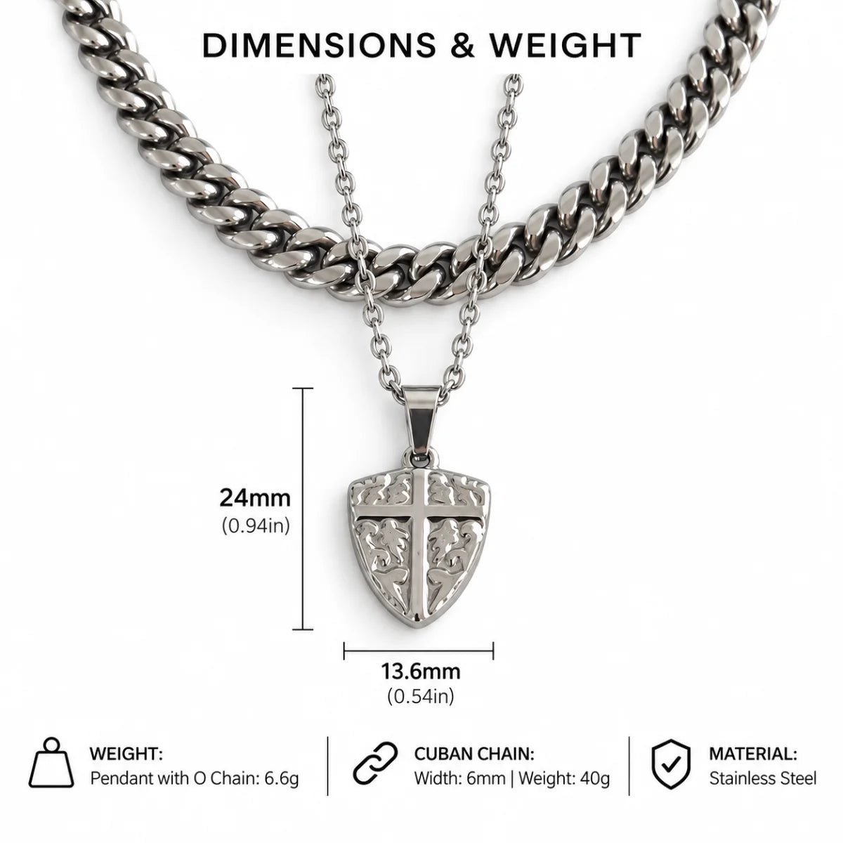 shield cross pendant necklace silver dimensions and weight