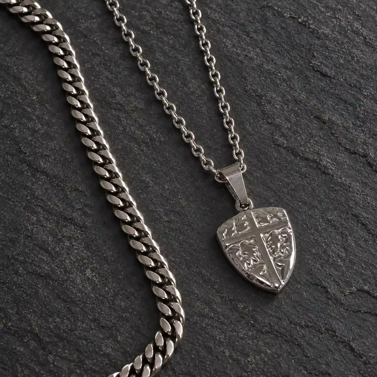 shield cross pendant necklace silver layered set birds eye display