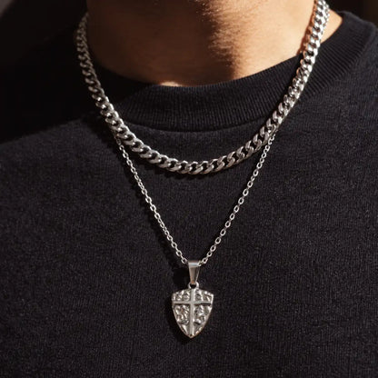 shield cross pendant necklace silver layered set lifestyle black shirt