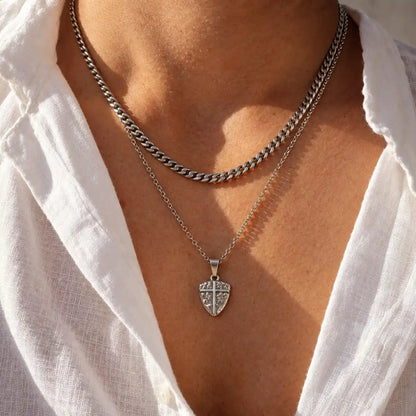 shield cross pendant necklace silver layered set lifestyle white shirt