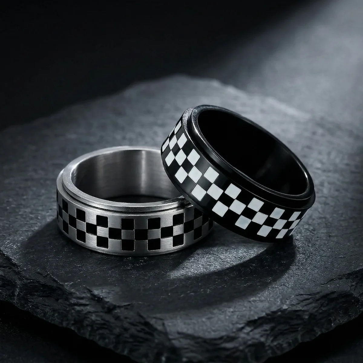Silver and black Checkered Spinner Bands collection