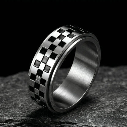 Silver Checkered Spinner Band on dark stone