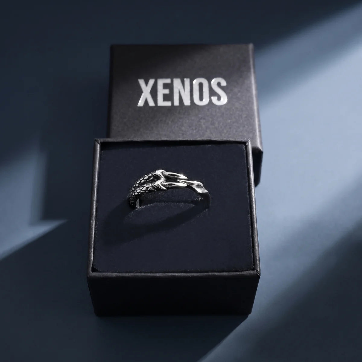 Silver Dragon Claw Ring Style B single talon Displayed in Xenos Jewelry Box