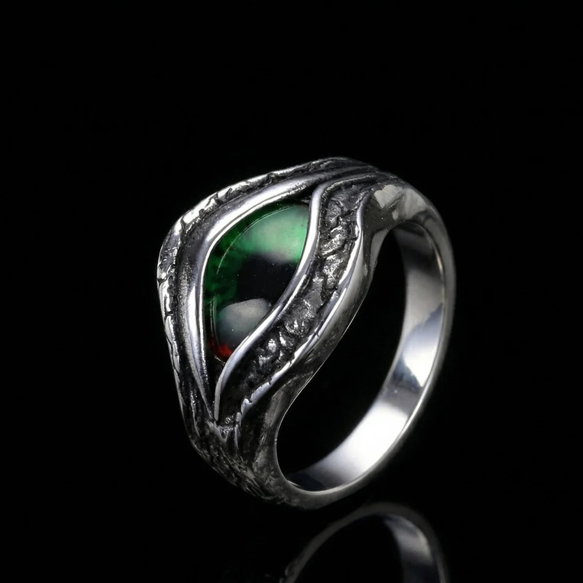 Silver Green Eye Ring with artisan texture