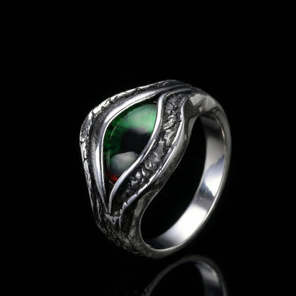 Silver Green Eye Ring with artisan texture