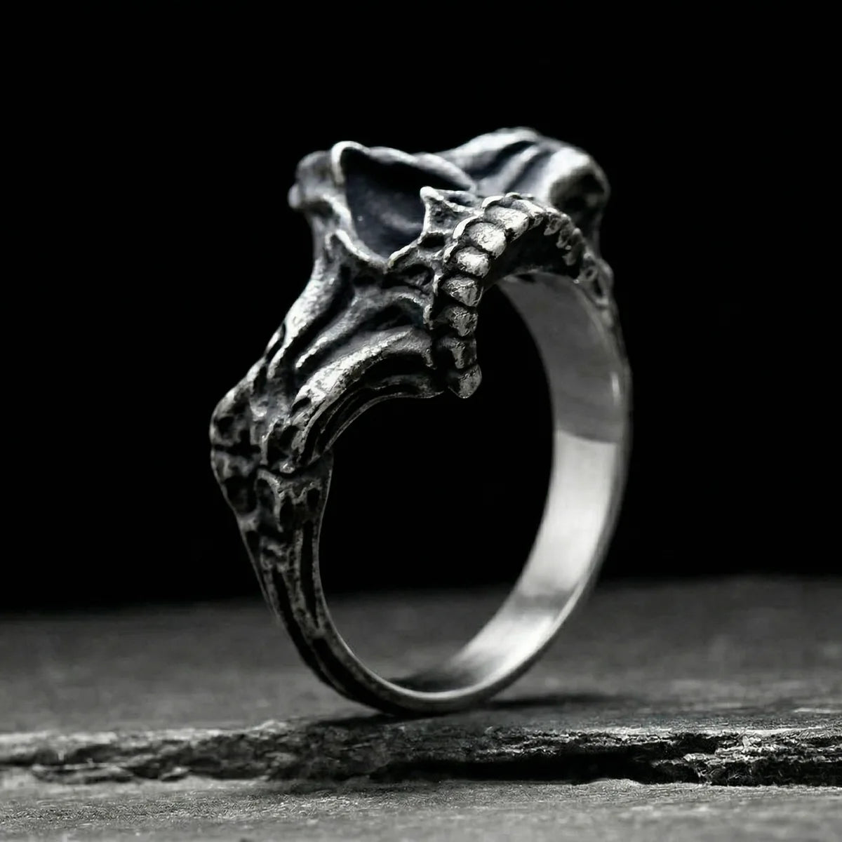 Silver Half Jaw Skeleton Ring on dark background