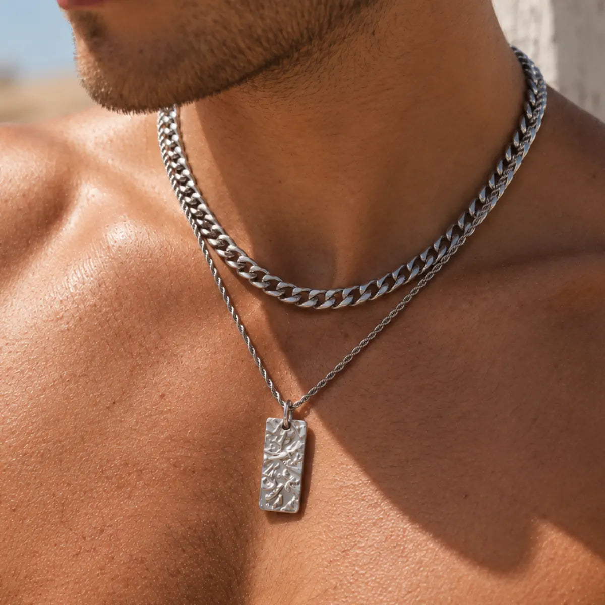 silver hammered rectangle necklace layered set lifestyle bare chest