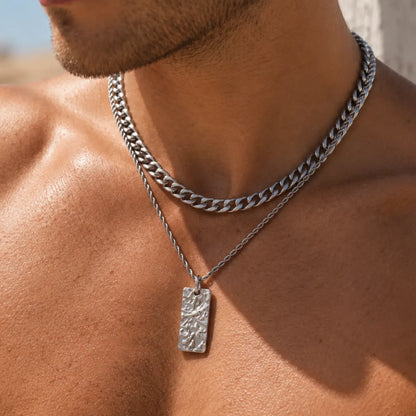 silver hammered rectangle necklace layered set lifestyle bare chest