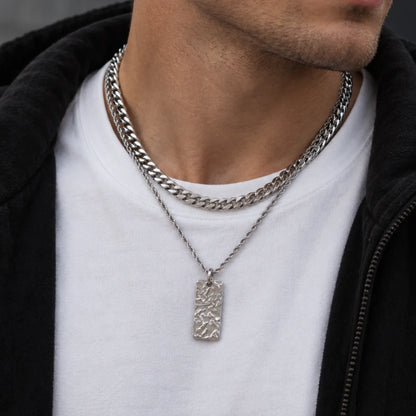 silver hammered rectangle necklace layered set lifestyle white shirt
