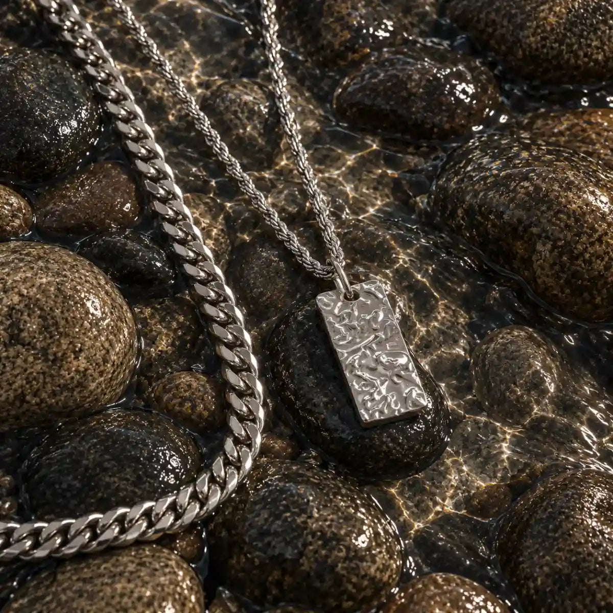silver hammered rectangle necklace layered set water stone display
