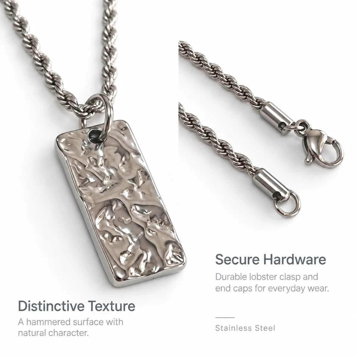 silver hammered rectangle necklace rope chain product details