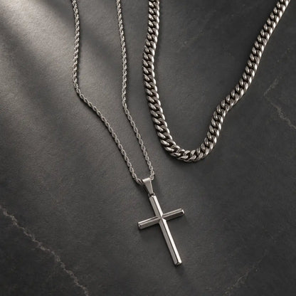 silver minimalist cross necklace layered set birds eye display