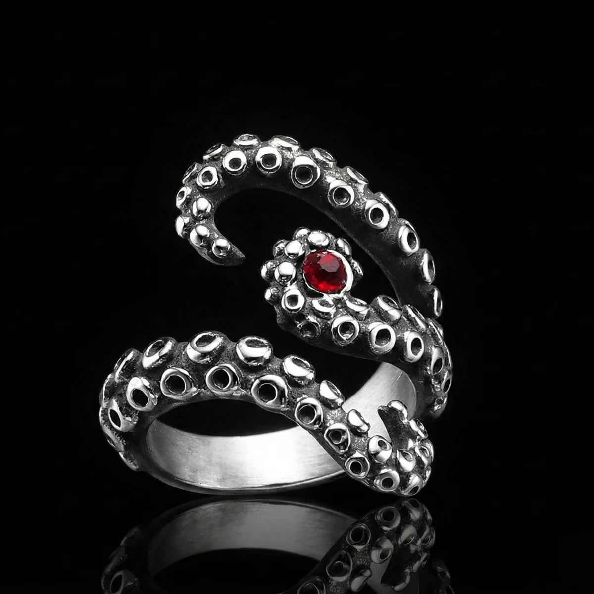 Silver Octopus Tentacle Ring with red stone eye