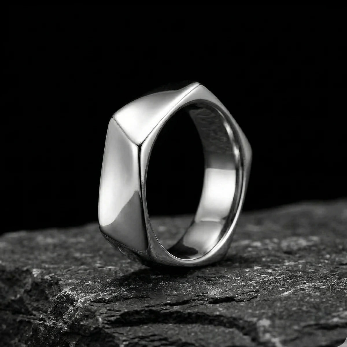Silver Pentagon Ring with geometric design