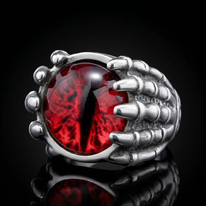 Skeleton Eye Ring Red Eye Silver Front View Macabre Gothic Jewelry