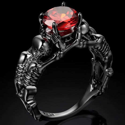 Skeleton Skull Engagement Ring Red Gem Front View Gothic Wedding Jewelry