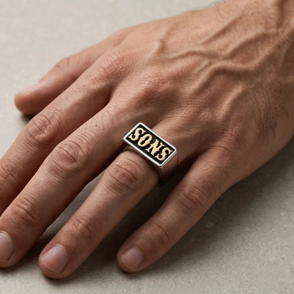 SONS Signet Ring Hand Wearing Fixed Size Motorcycle Ring