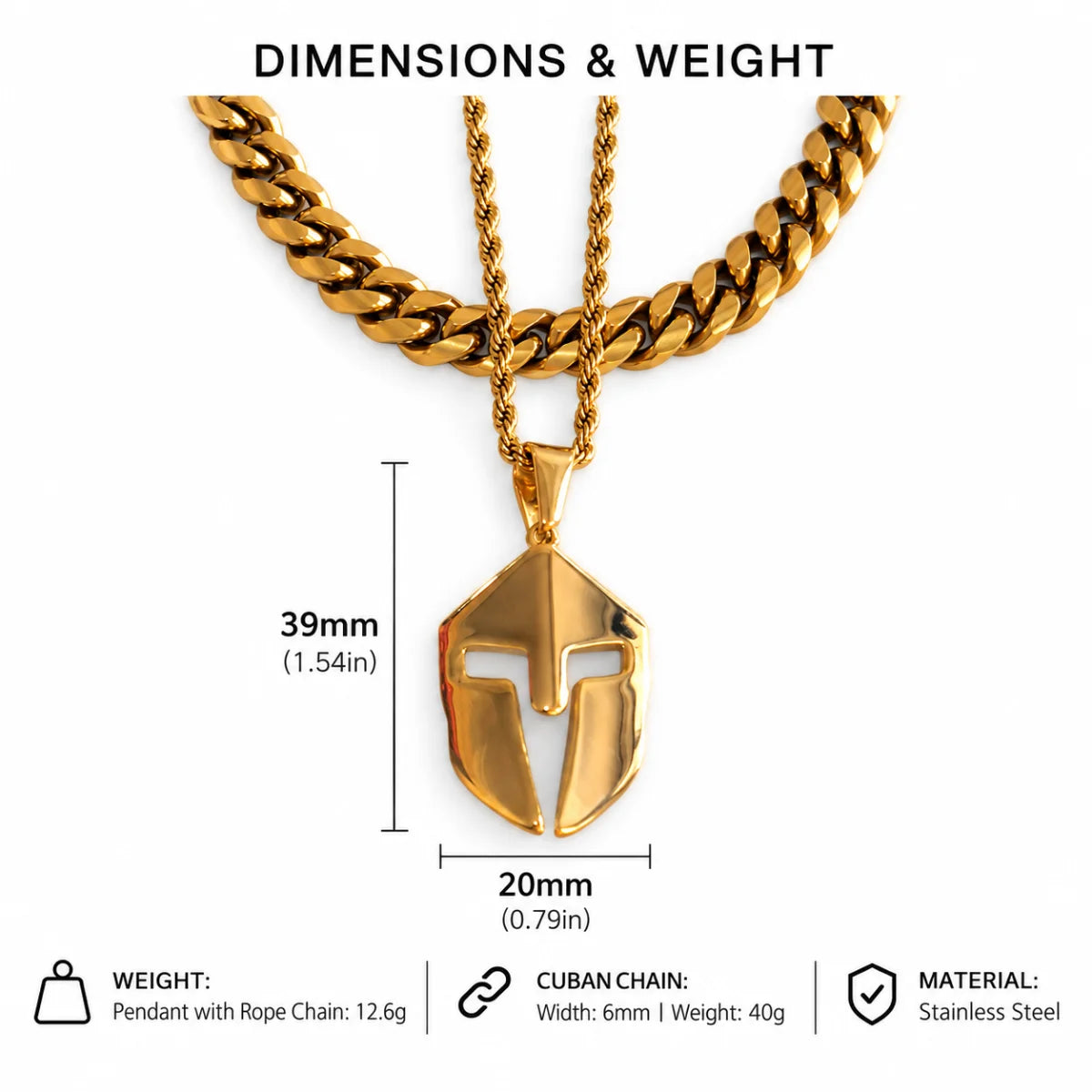 spartan helmet pendant necklace gold dimensions and weight