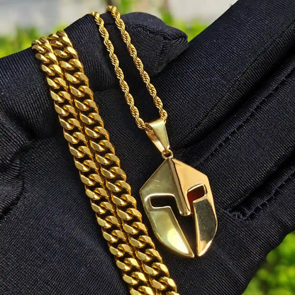 spartan helmet pendant necklace gold layered set lifestyle black jacket