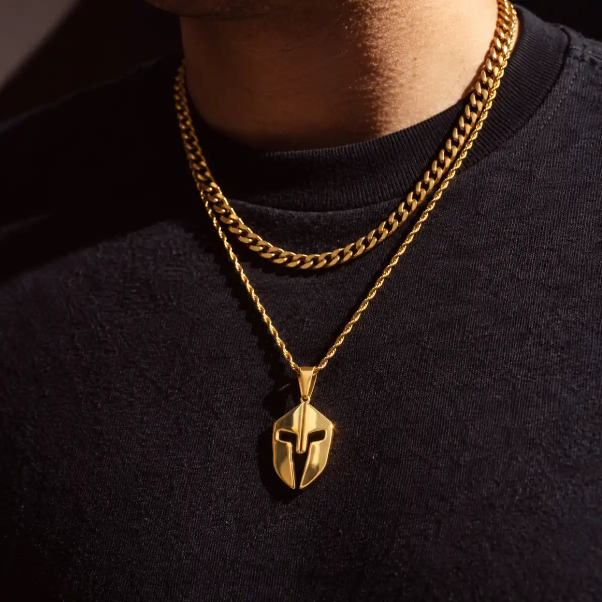 spartan helmet pendant necklace gold layered set lifestyle black shirt