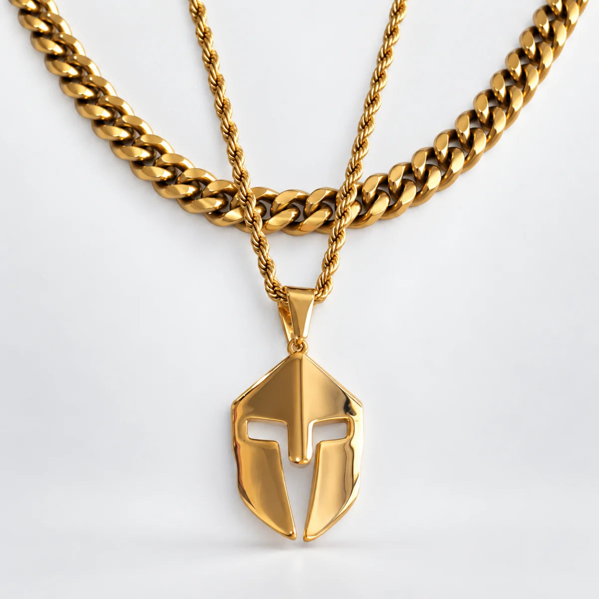 spartan helmet pendant necklace gold layered set white background
