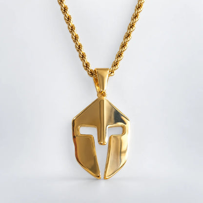 spartan helmet pendant necklace gold with rope chain white background