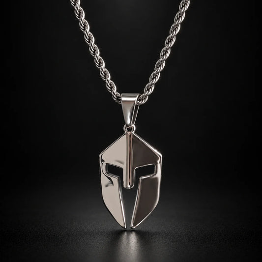 spartan helmet pendant necklace silver black background hero